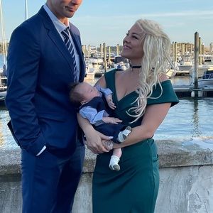 Xscape green off the shoulder gown